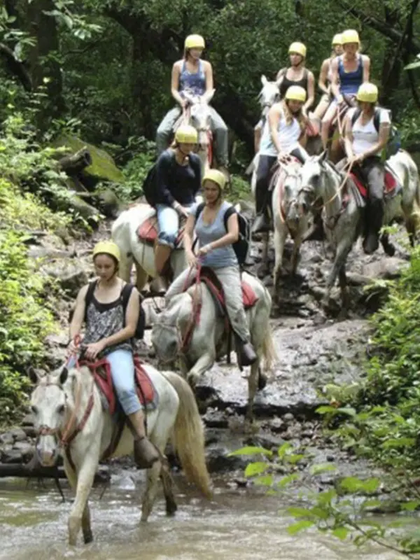 Grupo de viajeros cruzando un río a caballo en la selva tropical de La Fortuna, Costa Rica con Vivak Aventuras