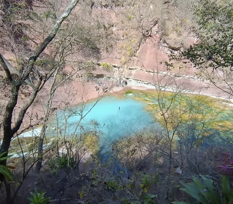 Termas del Río Jordán en las Yungas de Jujuy, con aguas turquesa rodeadas de vegetación natural.