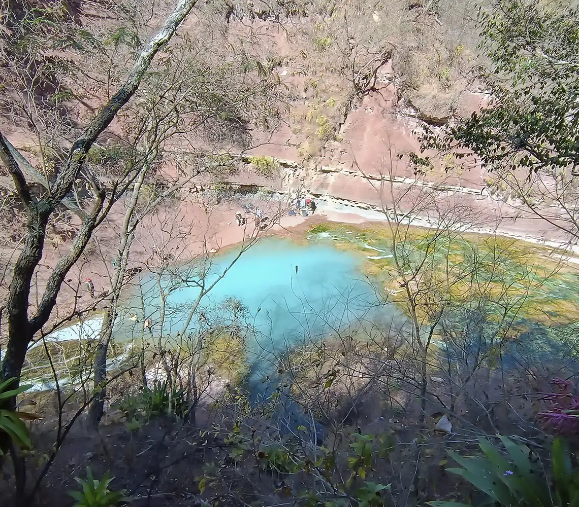 Termas del Río Jordán en las Yungas de Jujuy, con aguas turquesa rodeadas de vegetación natural.