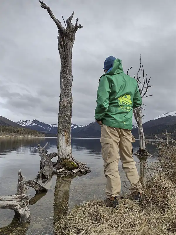 Guía de Vivak Aventuras de espaldas observando árboles sumergidos en el Lago Escondido con montañas nevadas al fondo, Ushuaia, Tierra del Fuego.