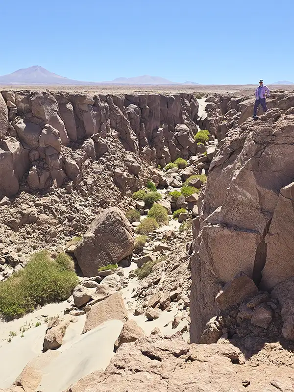 Persona parada al borde de la Quebrada de Toconao con vista a un cañón rocoso profundo y volcanes al horizonte