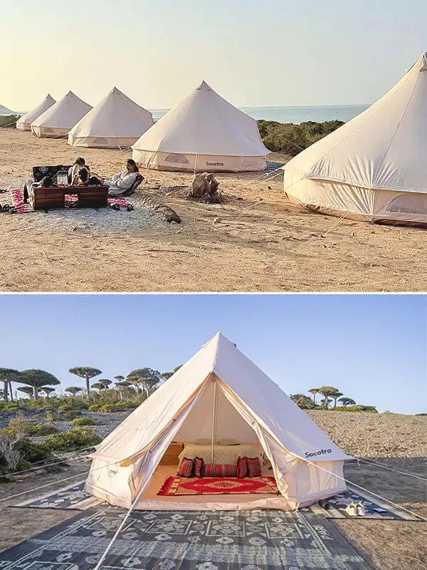 Campamento con carpas equipadas durante la expedición en Socotra